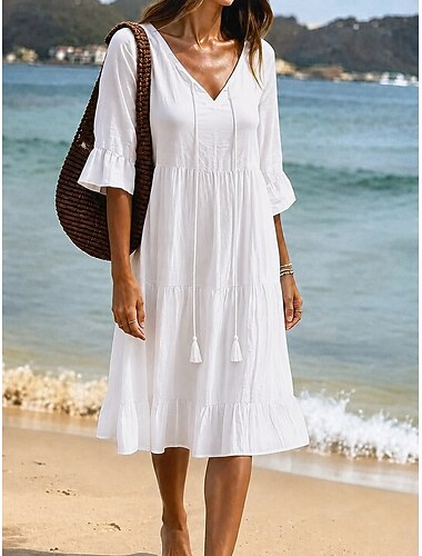  Damen Midikleid Freizeitkleid A Linie Kleid Sommerkleid Basic Klassisch Täglich Urlaub Lässiger Schnitt Einfach Halbarm V Ausschnitt Weiß Rosa Rote Himmelblau Sommer Frühling