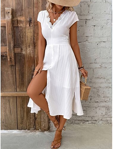  Damen Midikleid Spitzenkleid Weißes Kleid Freizeitkleid Sommerkleid Elegant Mode Strand Urlaub Ferien Normale Passform Einfach Kurzarm V Ausschnitt Weiß Sommer Frühling