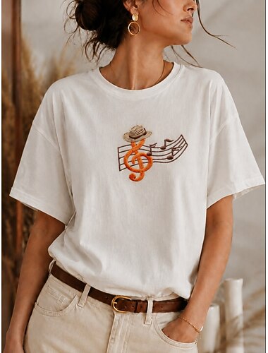  Maglietta da donna ricamata di musica maglietta estiva elegante vintage moda a manica corta girocollo rotondo regolare casual quotidiano spiaggia bianca estate primavera autunno inverno