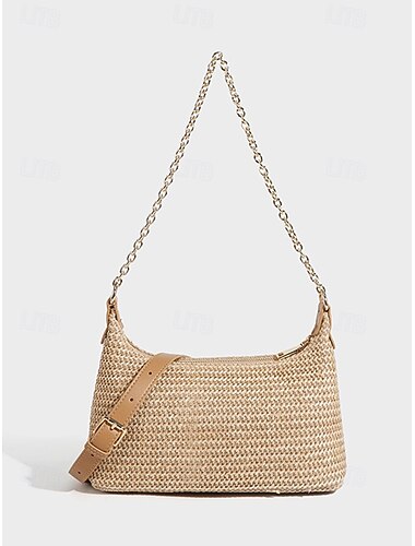  Dames geweven schoudertas/crossbodytas, gebreide hobo-tas van stro met verstelbare riem en gouden ketting, ivoorkleurige kaki zomertas voor strandvakanties en dagelijks gebruik.