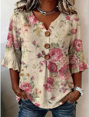  Damen Hemd Knöpfe Druck Blumen Grafik Paisley-Muster Vintage Stilvoll Dreiviertelarm V Ausschnitt Lange Oberteile Lässig Täglich Ferien Blau Purpur Grün Beige Sommer Frühling