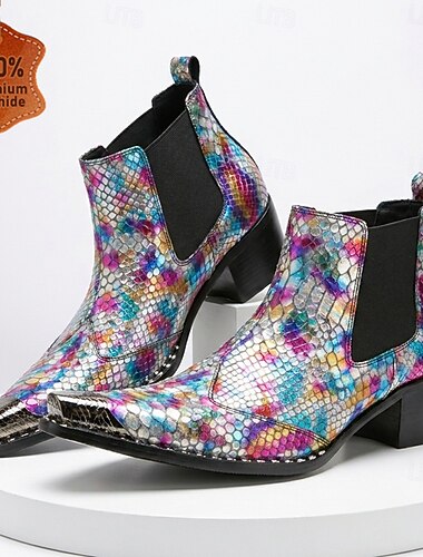  Botas Chelsea masculinas multicoloridas em pele de cobra – botas de estilo western de grife, calçados estilosos para festivais, apresentações de palco e eventos especiais.