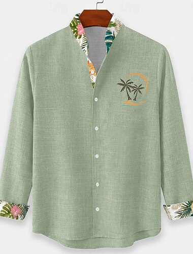  Hommes Chemise Chemise en lin Chemise d'été Chemise de Plage Chemise à col officier Chemise Boutonnée Cocotier Occasionnel Fête Rose Claire Bleu Ciel Vert Kaki manche longue Col montant Été Printemps