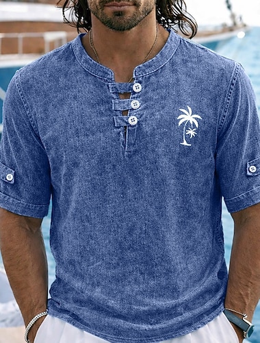  SoftFade™ Polo da Uomo 100% Cotone Camicia Acid Wash Casual Vacanza Senza Collo Maniche Corte Moda Base Palme Bottoni Vintage Estate Primavera Blu Rosso Verde Polo Camicie