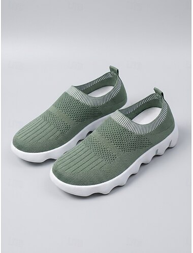  Women's Green Breathable Fly Knit Slip On Walking Shoes - Lightweight Comfort Sneakers for Daily Walks, Travel & Everyday Wear