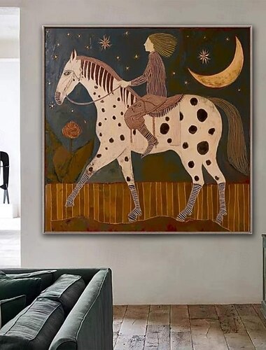  Dipinto a olio fatto a mano su tela, decorazione murale con personaggi americani: ragazza a cavallo in una notte di luna, per arredamento domestico, arrotolato, senza cornice, non intelaiato.
