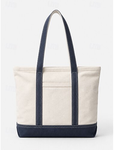  Unisex canvas draagtas met ritssluiting, ruime schoudertas met meerdere compartimenten in zwart, rood en marineblauw, een casual shopper voor werk, reizen, strand en dagelijks gebruik.