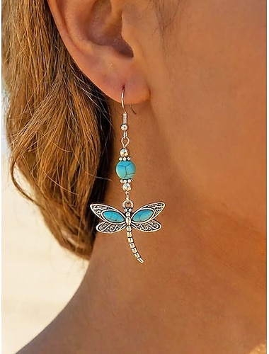 Boucles d'oreilles pendantes libellule papillon turquoise pour femme, style bohème vintage en alliage, bijoux inspirés par la nature, idéales pour les vacances d'été, les garden-parties et les