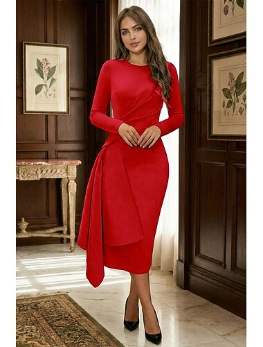  Strand Bröllop Sheath Cocktailklänningar Elegant Klänning Formell Höst Knä längd Lång Ärmar Juvel Hals Stretchmaterial med Fickor Rynkad Klänning
