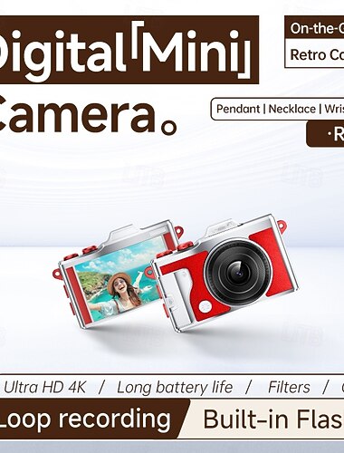  4k mini digitalkamera, retro bærbart videokamera med innebygd blits og filtre &OTG, ultra HD-loopopptak, lite vlogkamera for barn &voksne, inkluderer halskjede &håndleddsstropp