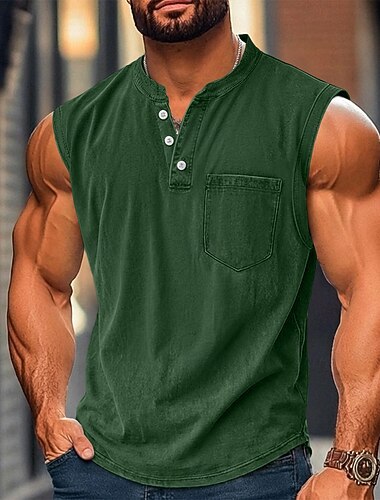  Débardeur SoftFade™ pour homme haut sous-vêtement 100 % coton chemise lavée à l'acide sans manches Henley été simple basique poche boutons casual vacances rue bleu noir haut tee pour hommes
