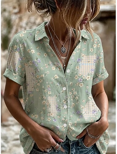  Dames Overhemd Knop Afdrukken Ombre Bloemig Vintage Dagelijks Stijlvol Korte mouw Overhemdkraag Normale tops Casual Dagelijks Lichtgroen Licht Paars Zomer Lente