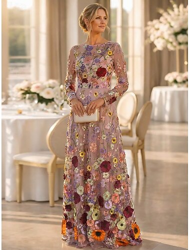  A-linje Kjoler Gulvlengde Kjole til brudens mor Langermet Crew-hals Elegant Årgang Enkel Formell Bryllupsgjest Semi-formelt Blonder Tyll med 3D-blomster Broderi Appliqué