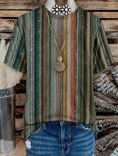  Dames western boho T-shirt met bloemenprint, geometrische vormen, vintage stijl, casual, korte mouwen, ronde hals, V-hals, crop top, casual, dagelijks, weekend, saliegroen, bruin, limoengroen
