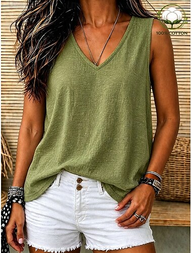  Mujer Camiseta sin mangas Vintage Sin Mangas Escote en Pico Tops regulares Casual Blanco Caqui Negro Morado Verde Trébol Verano Primavera
