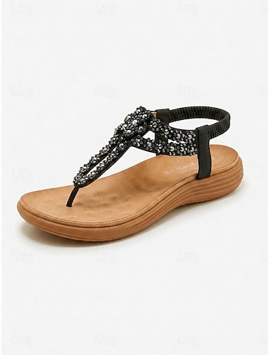  Dames teensandalen met strasssteentjes en voetboogondersteuning - comfortabele platte sandalen met elastische enkelband voor casual gebruik, tuinfeestjes &zomervakantie
