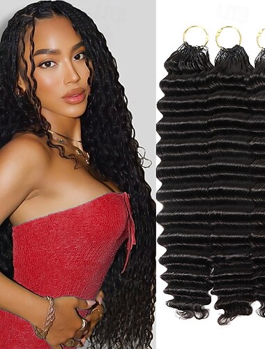  Echthaar-Haarverlängerungen mit Federstruktur für schwarze Frauen, lockig, knotenlos, vorgestanzt, unsichtbar, tiefe Wellen, 50 g, Naturschwarz