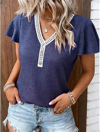  Dames T-shirt Kant Lapwerk Effen Kleur Elegant Modieus leuke Style Korte mouw Flutter mouw V-hals Normale tops Casual Zwart Blozend Roze Wijn Marineblauw Bruin Zomer Lente