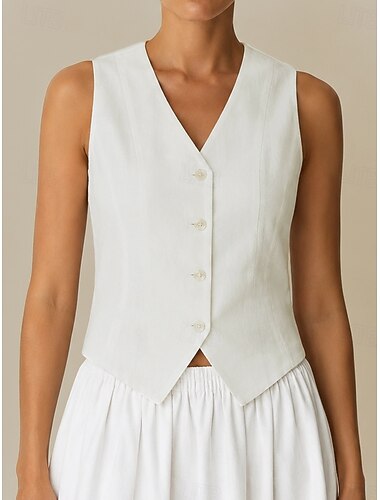  Per donna Canotta Maglietta Bottoni Tinta unica Elegante Moda Senza Maniche Scollo a V Top corti Casuale Quotidiano bianco Estate Primavera