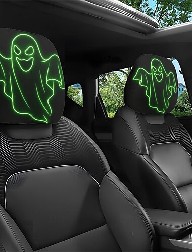  2/4 Stück fluoreszierende Halloween-Geister-Kopfstützenbezüge für Autos, im Dunkeln leuchtende Kopfstützenbezüge, universelle Autoinnenausstattung für Limousinen, SUVs und LKWs, einfache Montage
