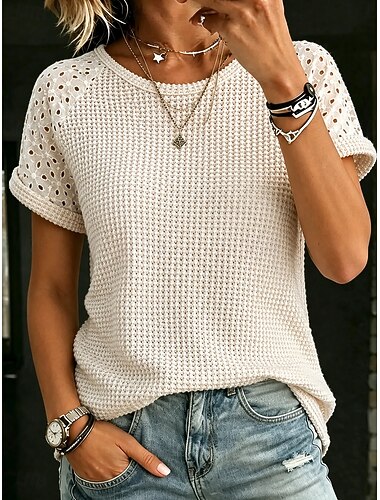  Dames T-shirt Vetergat Effen Modieus Stijlvol Klassiek Korte mouw Strakke ronde hals Normale tops Casual Dagelijks Weekend blauw Blozend Roze Oranje Beige Zomer Lente