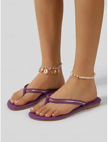  Sandales plates à enfiler pour femmes, couleur violet métallisé, avec bordure dorée, idéales pour les vacances d'été à la plage ou les fêtes au bord de la piscine. &vêtements de villégiature
