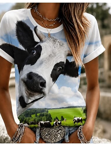  Dames T-shirt Kleurenblok Afdrukken Grafisch dier Koe Vintage Stijlvol Klassiek Korte mouw Strakke ronde hals Normale tops Casual Dagelijks blauw Wit Groen Beige Zomer Lente