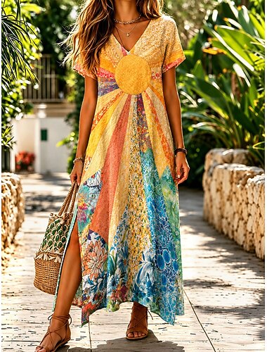  Damen Midikleid T-Shirt-Kleid A Linie Kleid Lässig Normale Passform Blumen Grafik Kurzarm V Ausschnitt Blau Rosa Purpur Orange Sommer Frühling