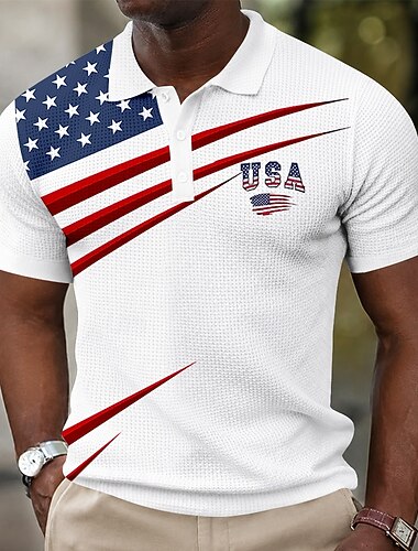  4 luglio 2026 250° Per uomo Bandiera Americana Magliette Polo a Nido d'Ape Manica Corta Magliette polo Camicie con Colletto Casual Athleisure Abbigliamento quotidiano Stampa 3D Bottoni Tessuto retato