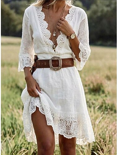  Damen Minikleid Boho-Kleid Spitzenkleid Westernkleid Elegant Mode Modern Outdoor Urlaub Ausgehen Normale Passform Einfach Langarm V Ausschnitt Weiß Sommer Frühling