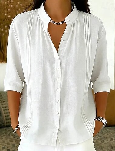 Dames Overhemd Blouse Lapwerk Effen Kleur Elegant Casual 3/4 mouw Opstaand Lange tops Casual blauw Koffie bruin Wit Blozend Roze khaki Zomer Lente Herfst