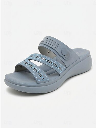 Damessandalen met blauwe strasssteentjes en voetboogondersteuning - comfortabele, gevoerde zomerslippers voor op reis en dagelijks gebruik.