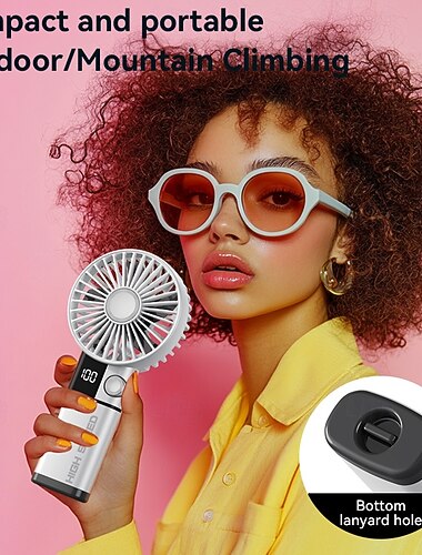  Ventilador portátil de mano con pantalla digital LED, mini ventilador personal de alta velocidad, pequeño ventilador con batería recargable USB y orificio para cordón para viajes, actividades al aire