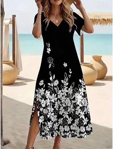  Damen Midikleid A Linie Kleid Lässig Täglich Ferien Date Normale Passform Blumen Grafik Kurzarm V Ausschnitt Blau Schwarz Rosa Grün Sommer Frühling