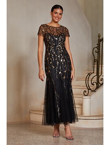  Femmes Sirène Trompette Longueur cheville Col ras du cou Manche Courte Élégant ancien Soirée robe demoiselle d honneur avec Tulle Paillettes