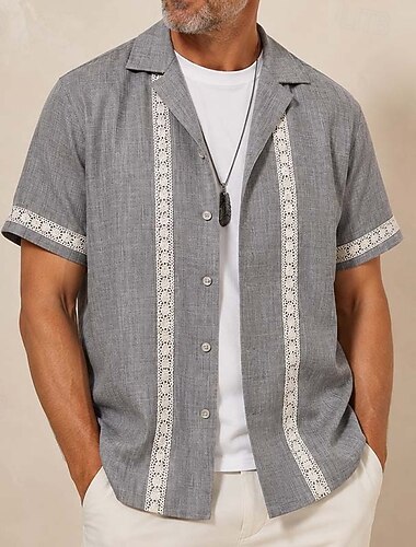  Camicia da uomo con colletto cubano, estiva a maniche corte, casual, con bottoni e finiture intrecciate.