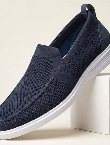  Marinblå stickade slip-on loafers för män, andningsbara promenadskor, lätta komfortskor för resor, bilkörning, vardagsbruk