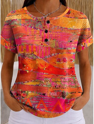  T-shirt waffle per donna stampa grafica a blocchi di colore geometrica vintage elegante classica manica corta collo rotondo top regolari quotidiani bianco e nero nero bianco giallo rosso estate
