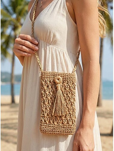  Geweven gehaakte crossbody telefoontas voor dames, ivoorkleurig &Khaki rieten mini schoudertasje met kwastje, lichtgewicht zomerse strandvakantietas voor op reis, ideaal voor resort, winkelen,