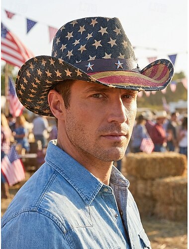  Chapeau de cowboy western patriotique pour homme, en paille de polyester orné du drapeau américain, avec jugulaire ajustable, blanc kaki, idéal pour l'été, les rodéos, le 4 juillet, la fête nationale