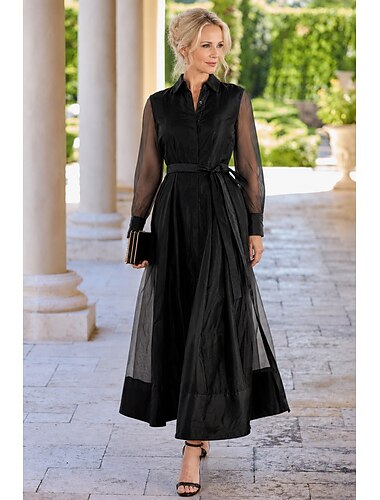  A-linje Gulvlengde Festkjole Cocktail Kjole Gjestekjole til bryllup Kjole til brudens mor Langermet Skjortekrage Elegant Enkel Minimalistisk Formell Bryllupsgjest Organza med Belte / bånd