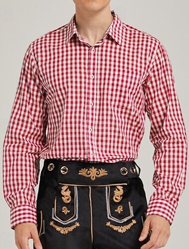  Oktoberfest Chemise Motif vichy rouge Bavarois Allemand Alpin Prairies Homme Carnaval Soirée Fête de la Bière Tissu de style traditionnel