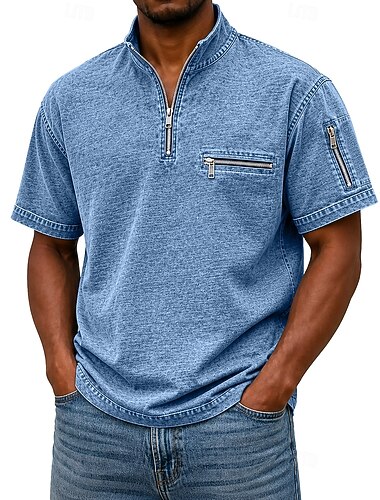  SoftFade™ Polo da Uomo Shirt Acid Wash Casual Lavoro Mezza Zip Collo Polo Ribbed Breve Manica Moda Elegante Base Piana Zip Tasca Estate Primavera Blu Viola Blu Navy Verde