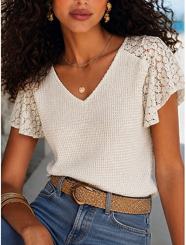  Mulheres Topo de ilhó Elegante Boêmia Vintage Manga Curta Decote V Tops regulares Casual Diário Para Noite Bege Verão Primavera