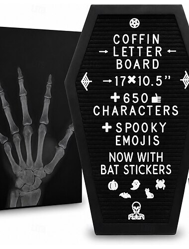  Halloween-kistebokstavtavle med 650 utskiftbare bokstaver &Emojier, svart filt-meldingstavle med 3D-flaggermusklistremerker og trestativ, gotisk hjemmedekor til halloween, bursdag, fest, hylle,