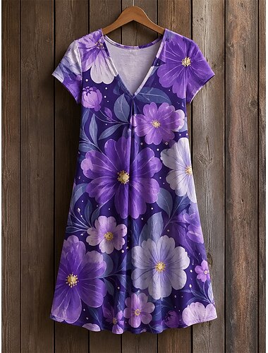  Ostern Damen Knielanges Kleid Shiftkleid T-Shirt-Kleid Sommerkleid Elegant Bohemien Urlaub Strand Party Ferien Normale Passform Blumen Stern Tropisch Kurzarm V Ausschnitt Blau Weiß Rote Purpur Sommer