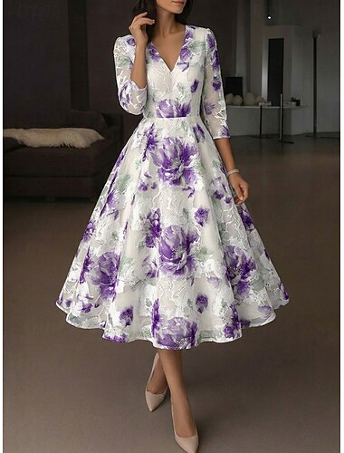  A-linje Ankellång Telång Formell klädsel Cocktailklänningar Elegant 3/4 ärm V-hals Bröllop Formell Organza Jacquard med Blomtryck