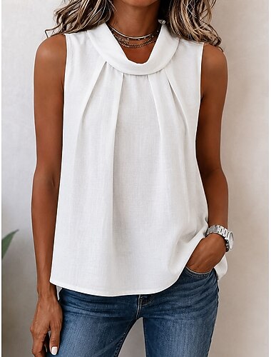  Damen Weste aus Baumwollleinen Einfarbig Vintage Stilvoll Basic Ärmellos Hoher Ausschnitt Normale Oberteile Lässig Täglich Weiß Sommer Frühling