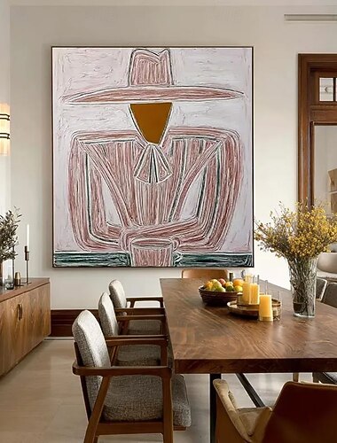  Pintura al óleo original de un vaquero del oeste con un gran sombrero, retrato moderno de un hombre para la decoración del hogar, arte sin rostro, arte mural marrón wabi-sabi.