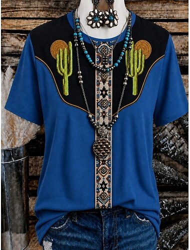  Dames western boho T-shirt met bloemenprint, geometrische vormen, vintage stijl, casual, korte mouwen, ronde hals, V-hals, lange top, casual, dagelijks, weekend, blauw, zwart, rood, groen